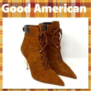 Good American Scandal Lace Up Stilleto Booties Suede Tobacco